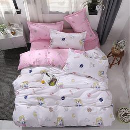 Fundas de cama Sailor Moon, sábanas planas, juegos de cama, Anime, corazón rosa, fondo azul, juego de funda de edredón de dinosaurio para niñas Home239F