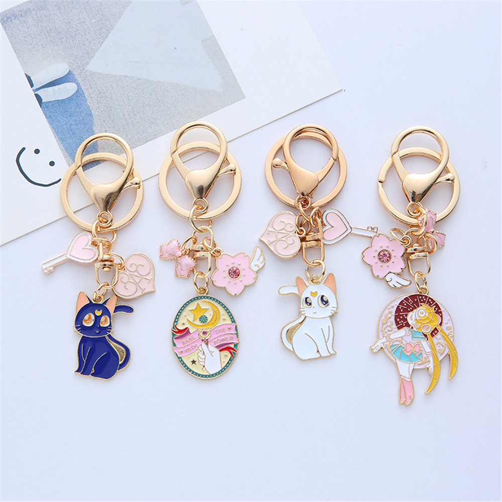 Sailor Moon Keychain Sweet Cat Girl Car Key Chain Creative Design Cartoon Cute Couple Gift Bag Pendant Women Metal Charm KeyRing
