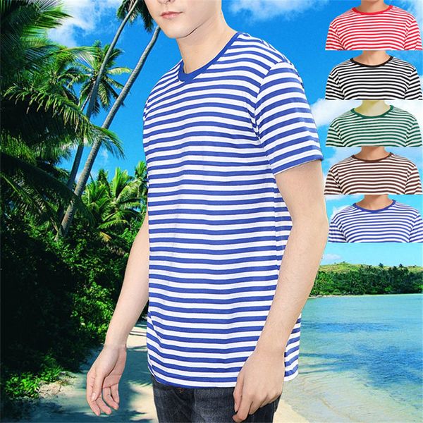 Camiseta de manga corta a rayas de marinero, cuello redondo suelto, raya roja, raya negra, raya verde, camisa azul marino, ropa de clase al por mayor