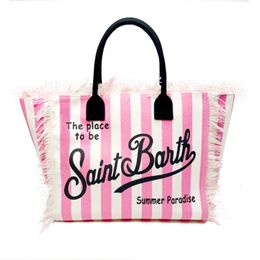 Saint Barth Brand Fashion Pink Vertical Striped Canvas Handtassen Women Tassel Design Hoogwaardige Casual Tote Strandschoudertas 240429