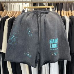 SAINT LOUIS vêtements à la main encre Spray Style rétro boucle tissu été hommes et femmes Shorts décontracté és lavage noir haute