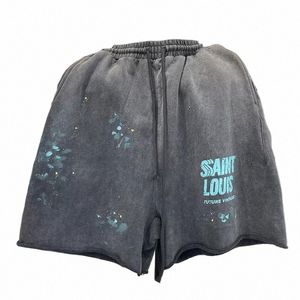 Saint LOUIS Kleding Handgemaakte Inktspray Retro Stijl Loopstof Zomer Heren en Dames Casual Shorts W Zwart Hoge kwaliteit E2Lj#