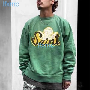 Saint Michael Angel Raglan Sleep Crack Wash Vert Col Rond Sweat À Capuche MUDO