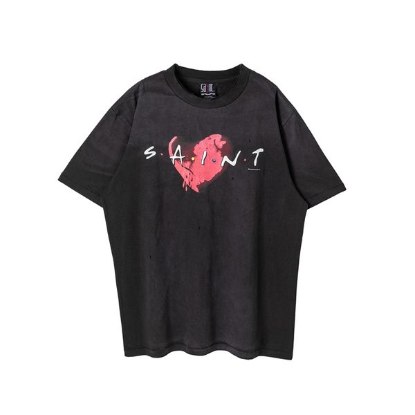 Saint Michael Broken Heart Tee Trous en détresse Coton épais Graphique Goutte Épaule T Chemises De Grande Taille Hommes T-shirts Hauts Vintage Surdimensionné T-shirt Streetwear Tee