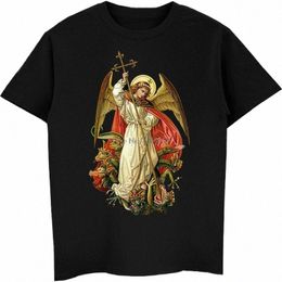 Saint Michael détruit le diable catholique chrétien T-shirt masculin à manches courtes t-shirt Hip Hop Tee Harajuku Streetwear R7lu #