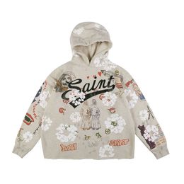 Saint Michael Handgeschilderde Aged Graffiti Hoodie Ins Unisex Graffiti Sweater