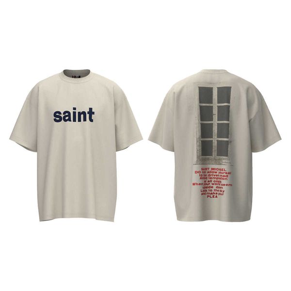 Camiseta holgada de manga corta para hombre y mujer con estampado de letras desgastadas americanas de Saint Michaels Window to the Soul