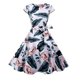 Saiqigui 2018 Zomer Summer Korte mouw Dames Kleed Vintage Aline Big Hem Oneck Print Hepburn Dress Vestidos de Festa7497690
