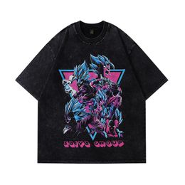 Saiya Anime Vintage Washed Streetwer surdimensionné Hip-pop Cartoon Men Shirts T-shirts causaux de la mode d'été de haute qualité