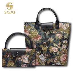 Saja pliant le sac fourre-tout sac féminin grand shopping femelle sac à main sac à main pivoine fleurie fleurie crayon tapisserie pour ladi 240328