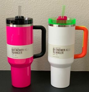 SAKURA 40oz Tumblers Neon Green blanc extincteur H2.0 tasses avec manche en silicone couvercle et paille en hiver rose noire tasses de voiture Mère Gift 0425