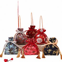 Sac à cordon en toile florale Sakura, sac à sucre festif à rayures avec nœud en Satin, sac de rangement de Style coréen, poignet à nœud côtelé 57W8 #