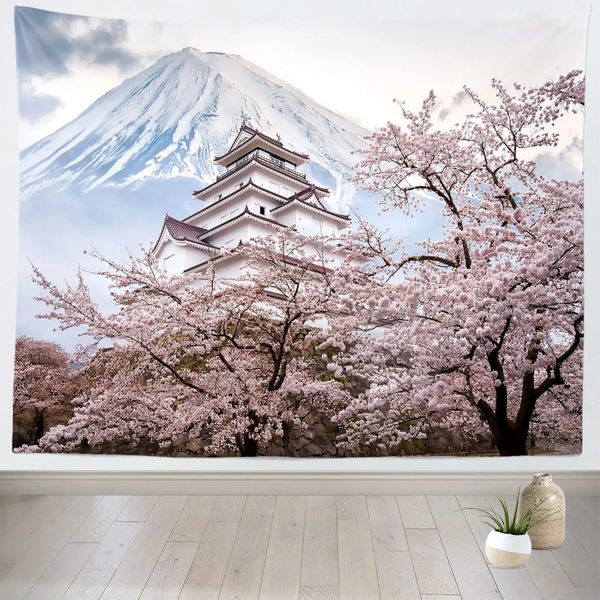 Tapiz de Sakura, tapices de flores de cerezo japonés rosa, tapiz de paisaje de puesta de sol de primavera, tapiz para colgar en la pared para decoración de dormitorio 240304