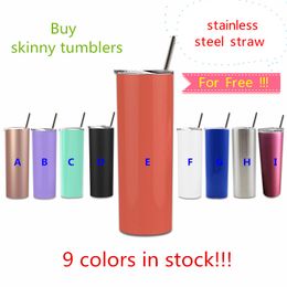 UITVERKOOP! 20oz Rvs Skinny Tumber Steel Straw 20oz Tall Skinny Cup met Glijd Deksel Vacuüm Geïsoleerde Tuimelaars Koffiemok Custom Logo