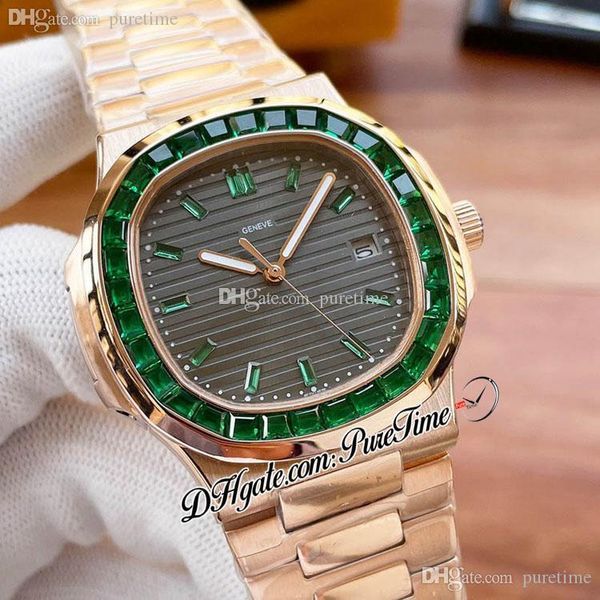 Vente 40mm 5711 A21J Montre automatique pour homme Baguette en or rose Lunette émeraude Cadran gris Texture Diamants verts Marqueurs de bâton Bracelet en acier inoxydable Puretime E217H8