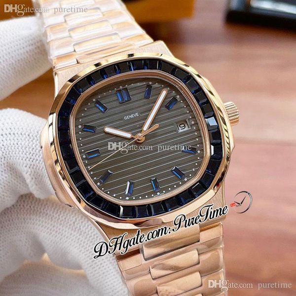 Vente 40mm 5711 A21J Automatique Montre Homme Or Rose Baguette Bleu Gem Lunette Gris Texture Cadran Diamants Bâton Marqueurs Bracelet En Acier Inoxydable Puretime E217g7