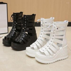 Vente 9.5Cm sandales compensées dames mode talons hauts Goth Punk été décontracté plate-forme chaussures confort à lacets fermeture éclair boucle 59030 63219 75566