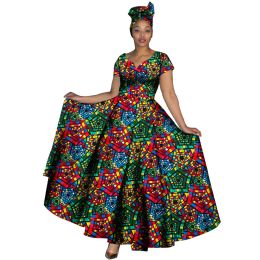 Verkoop!!!African Dresses Ankara Print V-hals Maix Lange jurken met Head Scarf Dashiki Women Outfits Party Outing Nieuwjaarskleding