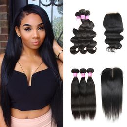 Uitverkoop! Braziliaanse Body Wave Rechte Peruaanse Haar 3 Bundels met Kantsluiting Maleisische Virgin Menselijk Hair Extensions Indiaas Menselijk Haar Weven