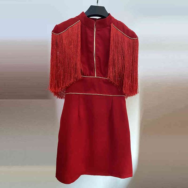 Vente High Street Est Runway Robes de créateurs Femmes Sexy Dos Nu Rouge Gland Épaule Mini Robe 210521