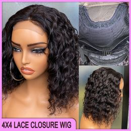 Vente Perruque Bob Lace Closure Wig malaisienne péruvienne brésilienne, cheveux naturels épais, noirs, Deep Wave, brun 4x4, 100% bruts, vierges, Remy,