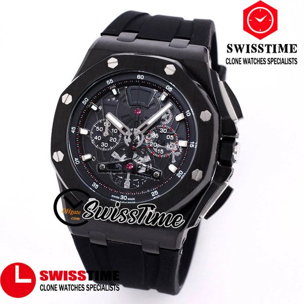 26407 Cronógrafo de cuarzo Reloj para hombre Esqueleto Cronómetro PVD Caja de acero negro Todo negro A05 Relojes de lujo de caucho SwissTime