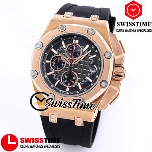 Venta Nuevo 44 mm 26568 Cronógrafo de cuarzo Reloj para hombre Textura negra Cronómetro Caja de oro rosa Relojes deportivos de goma para autos de carreras SwissTime