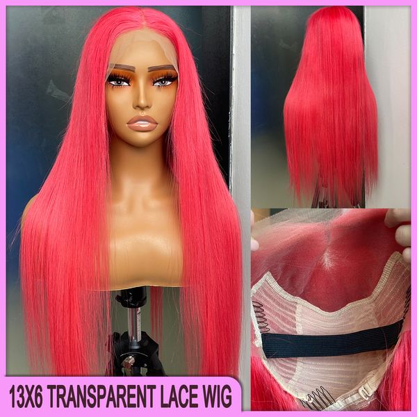 Precio de venta Malasia peruano indio brasileño rosa rojo sedoso recto 13x6 peluca frontal de encaje transparente 26 pulgadas 100% cabello humano virgen Remy