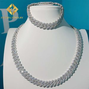 Vente Prêt à expédier diamant glacé 13mm 2 rangées pierre Vvs Moissanite 925 chaîne à maillons