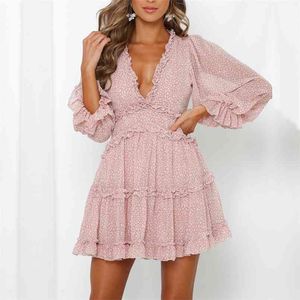 Sale Romantic Print Chiffon Mini Vakantie Jurk Dames Sexy Back Cut Out Strand Party Frill Robe Skater voor Lady 210508