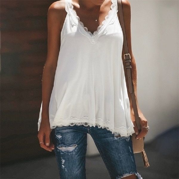 Venta Moda de verano para mujer, camisetas sin mangas con cuello en V, ropa de encaje informal, chaleco, camisa blanca 220318