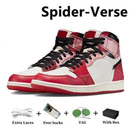 Vente avec boîte Chaussures de basket Sandales d'extérieur Authentique 1 1s High Og Spiders Man Dv1748-601 Across the Verse Sports Sneakers Trainers Mens Red White