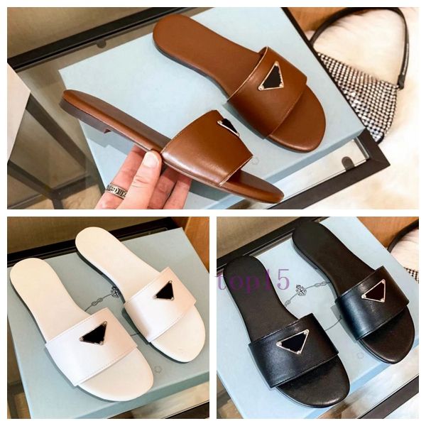 Venta Mujeres Diseñadores Zapatilla Sandalias Planas Diapositivas Chanclas Verano Genuino Triángulo Cuero Mocasines al aire libre Zapatos de baño Ropa de playa Zapatillas Negro Blanco Prad EUR35-41