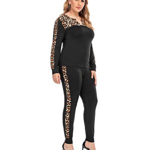 Vente Femmes Plus Taille Deux Pièces Vêtements Ensemble Léopard Couture Sportswear Tenue Pull À Manches Longues Sweat-shirt Et Pantalon Ensemble D30 Y0625