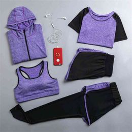 Verkoop Vrouwen Sneldrogend 5 Stuk Set Yoga Jacket + T-shirt + BH + Shorts + Broek Fitness Gym Kleding Womens Sport Running Pak Sets 210802