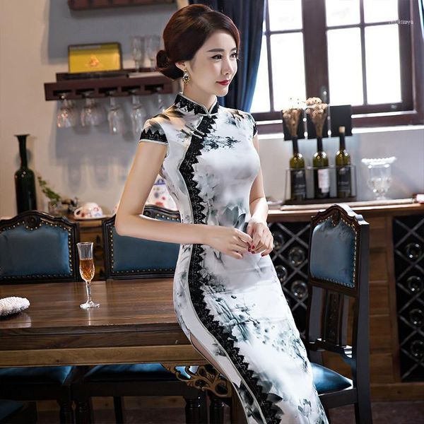 Ventas Qipao chino moderno Vestidos de talla grande Vestido blanco Impresión tradicional Ropa étnica larga