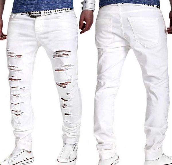 Ventes d'été populaire Hiphop Ripped Hole streetwear punk garçon hommes blanc crayon jeans slim lavé skinny causal moto Biker hommes pantalons