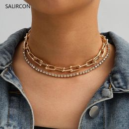 Salircon mode brillant Tennis strass collier ras du cou en forme de U clavicule chaîne collier en cristal pour les femmes couleur or bijoux 2701