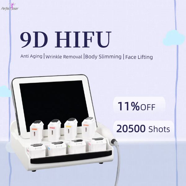 Utilisation en salon Machine à ultrasons 9D Hifu Ultra hifu Élimination des rides Resserrement de la peau Lifting du visage Dispositif de mise en forme du corps anti-âge indolore 8 cartouches