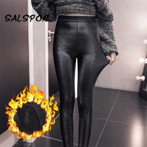 SALSOR 8XL Hoge Taille Plus Size Dikke Warme Leggings Dames Enkellange Winter Office Dames Dikke Glanzende Broek Fit 150kg MM 211204