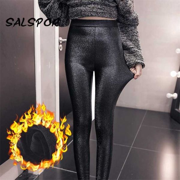 SALSPOR 8XL Cintura alta Tallas grandes Leggings cálidos Mujeres Tobillo Longitud Oficina de invierno Señoras Pantalones gruesos brillantes Ajuste 150 kg mm 211215