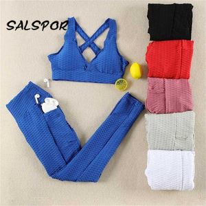 SALSPOR Costumes de sport sans couture 2 pièces Ensemble Femmes Athletic Gym Vêtements Anti Cellulite Taille Haute Leggings Poches Fitness Bras 211204