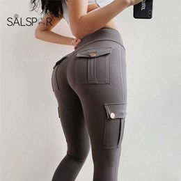 SALSPOR Mujeres Leggings Fitness Deportes Cintura alta Leggins Bolsillo Push Up Pantalones Entrenamiento Leggings Pantalones Cargo Pantalones Casual Hip Pop Pantalones 211216