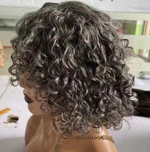 Perruques de cheveux humains Afro Kinky Curly gris sel et poivre, reflets dégradés argentés, perruque grise courte pour femmes noires, partie en T transparente, perruque avant en dentelle HD pré-épilée