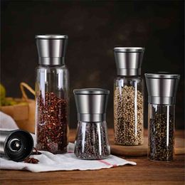 Zout en Pepper Grinder Shakers Rvs Graan Molen Glas Spice Jar Kruiden Fles Keuken Bus Sets 210712