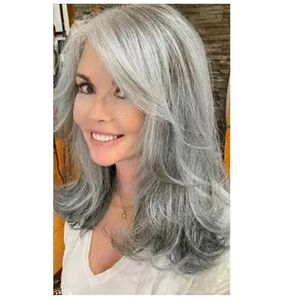 Perruque de cheveux en couches de sel et de poivre hd dentelle argent gris brut vierge perruque de cheveux humains 13x4 dentelle frontale perruque gris balayage moelleux bang pour dame blanche