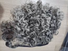 Salt n pepper gris plateado cordón cabello humano extensión de cola de caballo envuelve gris ondulado rizado cola de caballo postizo corto largo mojado y ondulado 4.23 oz 14 pulgadas 1 unids