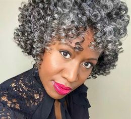 Salt & pepper short gray silver glueless kinky curly wigs pixie bob human hair wigs for black women machine made no lace breathable real natural grey