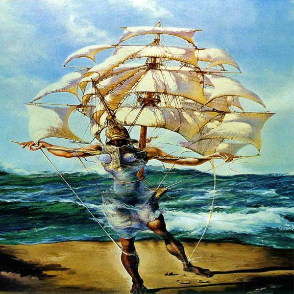 Salvador Dalí hombre y barco en el océano pinturas arte película impresa seda cartel decoración de la pared del hogar 60x90cm270k