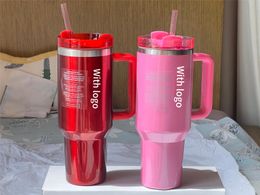 Same1:1 met ster en roze 40oz Quenche Tumblers Cosmo Parade Flamingo Co-Branded Valentijnsdagbeker 40oz roestvrijstalen FlowState Quencher roze deksel stro automok